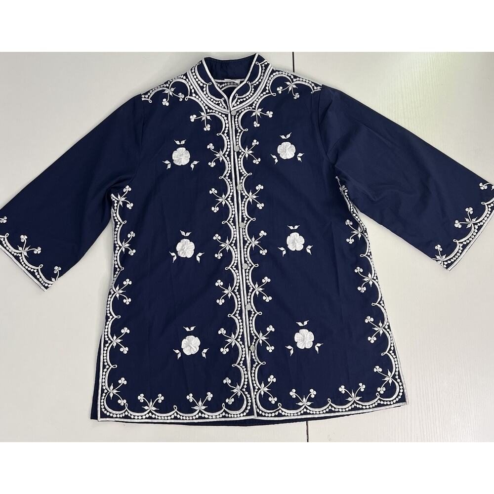 Vintage Prinie Filipiniana Embroidered Jacket Blouse Women L Navy Barong Top